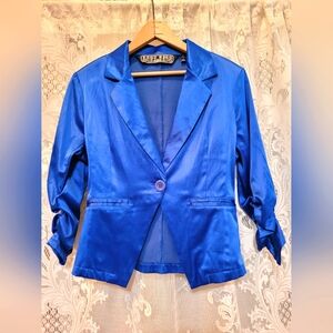 Last Kiss Womens Size M Electric Blue Satin 3/4 Rouched Sleeve Blazer